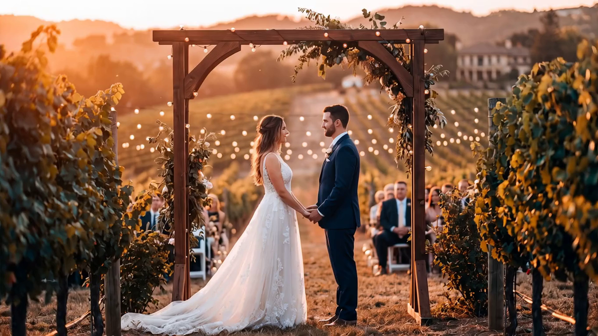 Wedding scene in vineyard at golden hour